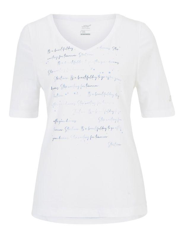Joy Sportswear T-Shirt ARIA T-Shirt mit V-Ausschnitt und sanftem Schrift-Print Riesige Ersparnisse