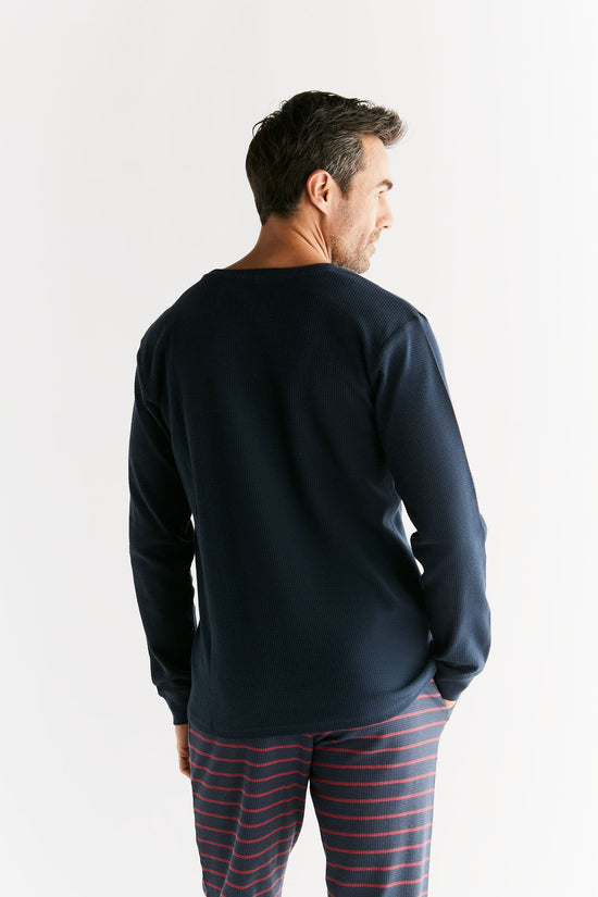 Leela Cotton 2208-061 | Waffel Strick Herren Langarmshirt - Indigo Versandkostenfrei
