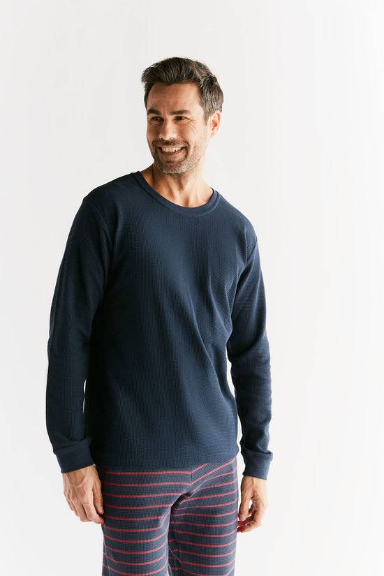 Leela Cotton 2208-061 | Waffel Strick Herren Langarmshirt - Indigo Versandkostenfrei