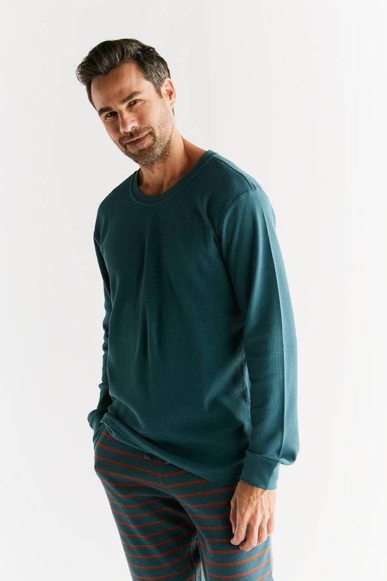 Leela Cotton 2208-063 | Waffel Strick Herren Langarmshirt - Tanne Großer Ausverkauf