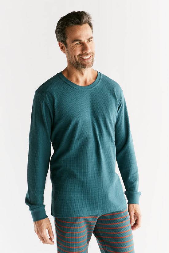Leela Cotton 2208-063 | Waffel Strick Herren Langarmshirt - Tanne Großer Ausverkauf