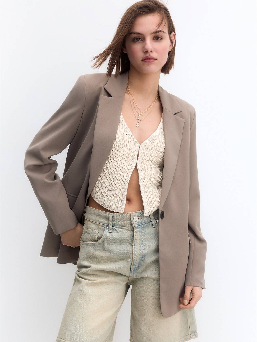 Pull&Bear Blazer in Greige im Angebot