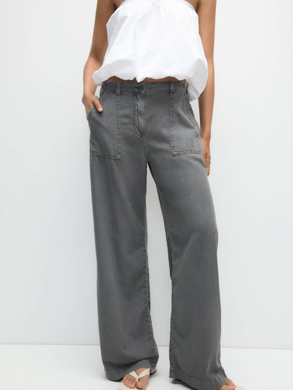 Pull&Bear Wide leg Pants in Dark Grey Online Shopping