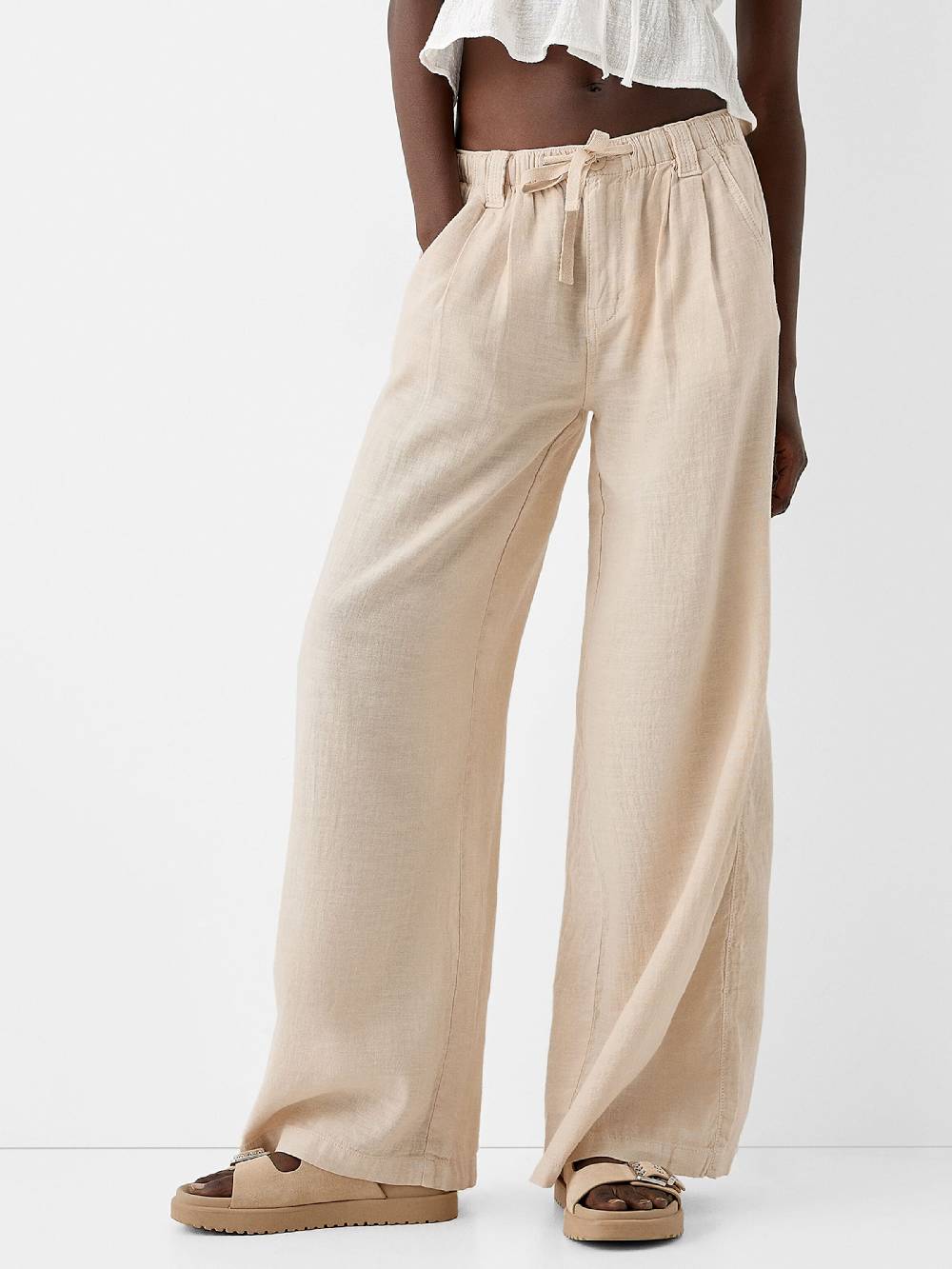 Bershka Wide leg Pants in Cream Black Friday