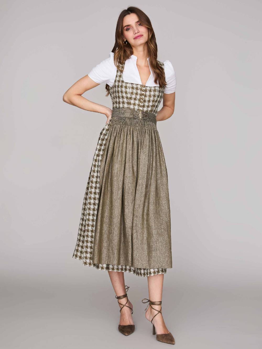 Limberry Grünes Leinen-Dirndl mit Hahnentrittmuster - MONIKA OLIV Blitzverkäufe