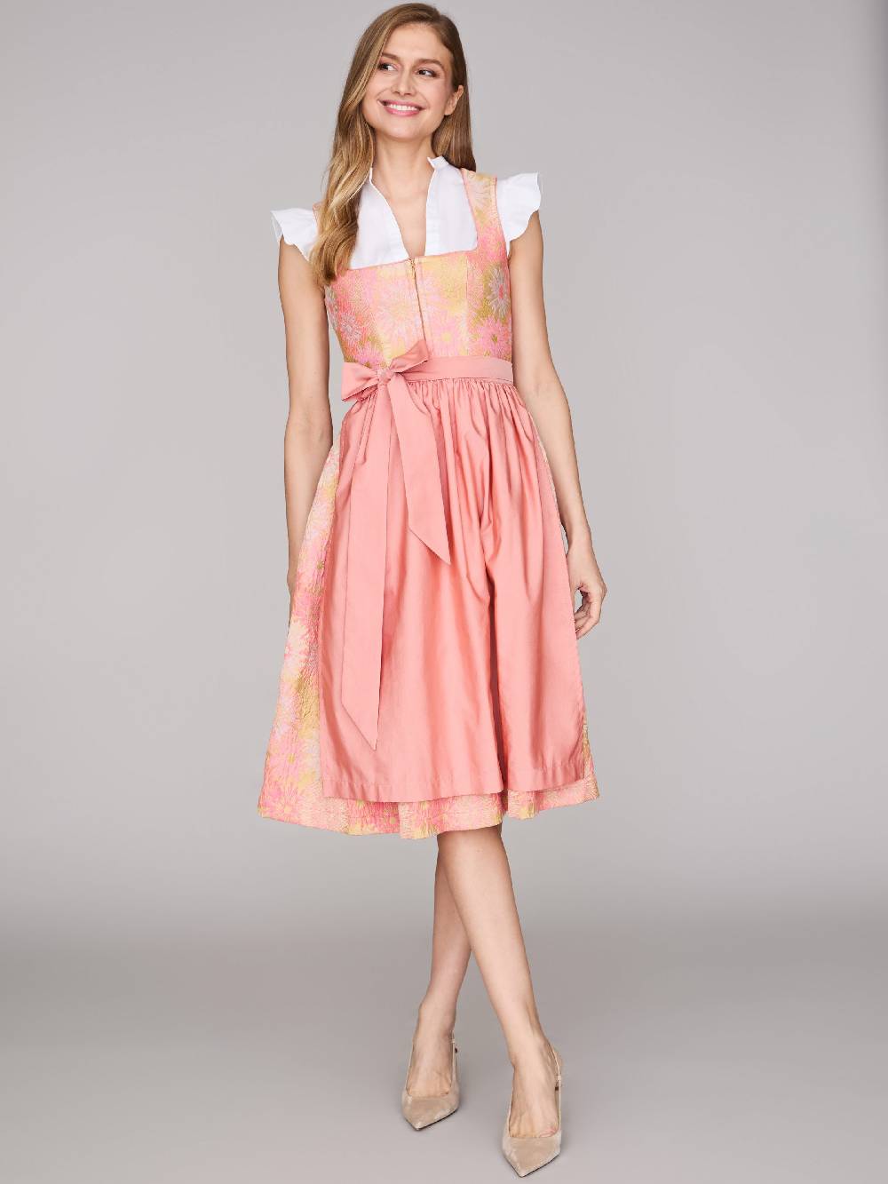 Limberry Rosa-farbenes Dirndl mit Blumenmuster - DAHLIA CORAL ALMOND Vierteljährliche Förderung
