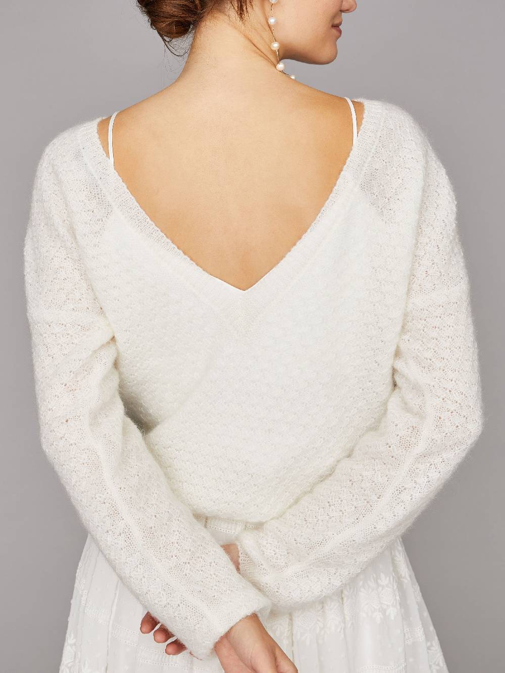 Limberry Cremefarbener Braut-Pullover mit tiefem V-Ausschnitt hinten - LARA Kostenloser Versand
