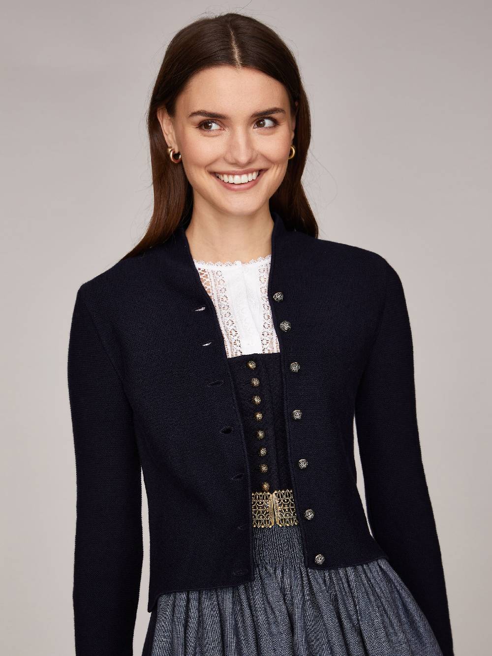 Limberry Dunkelblaue Trachten-Strickjacke mit Stehkragen - ANNA MARINE Neueste Stile