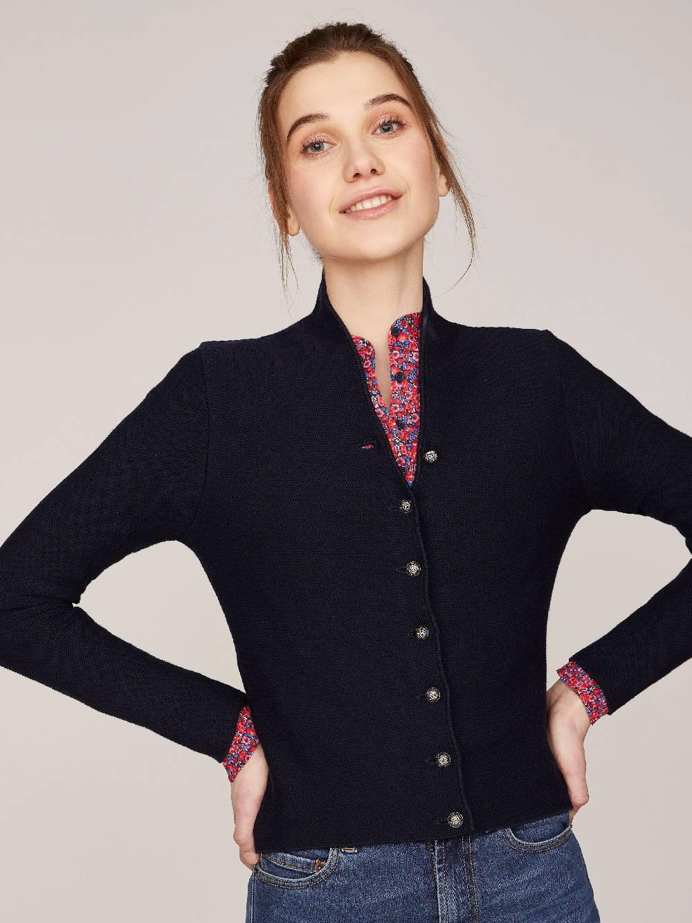 Limberry Dunkelblaue Trachten-Strickjacke mit Stehkragen - ANNA MARINE Neueste Stile