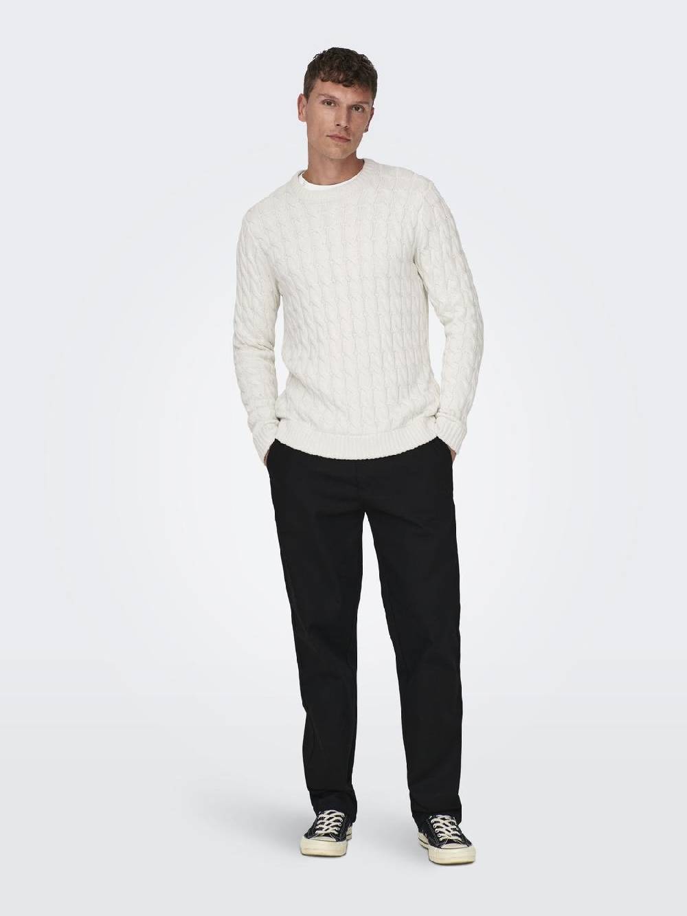 Only & Sons ONSKICKER LIFE REG 3 CABLE CREW KNIT (Antique White) Heißer Verkauf