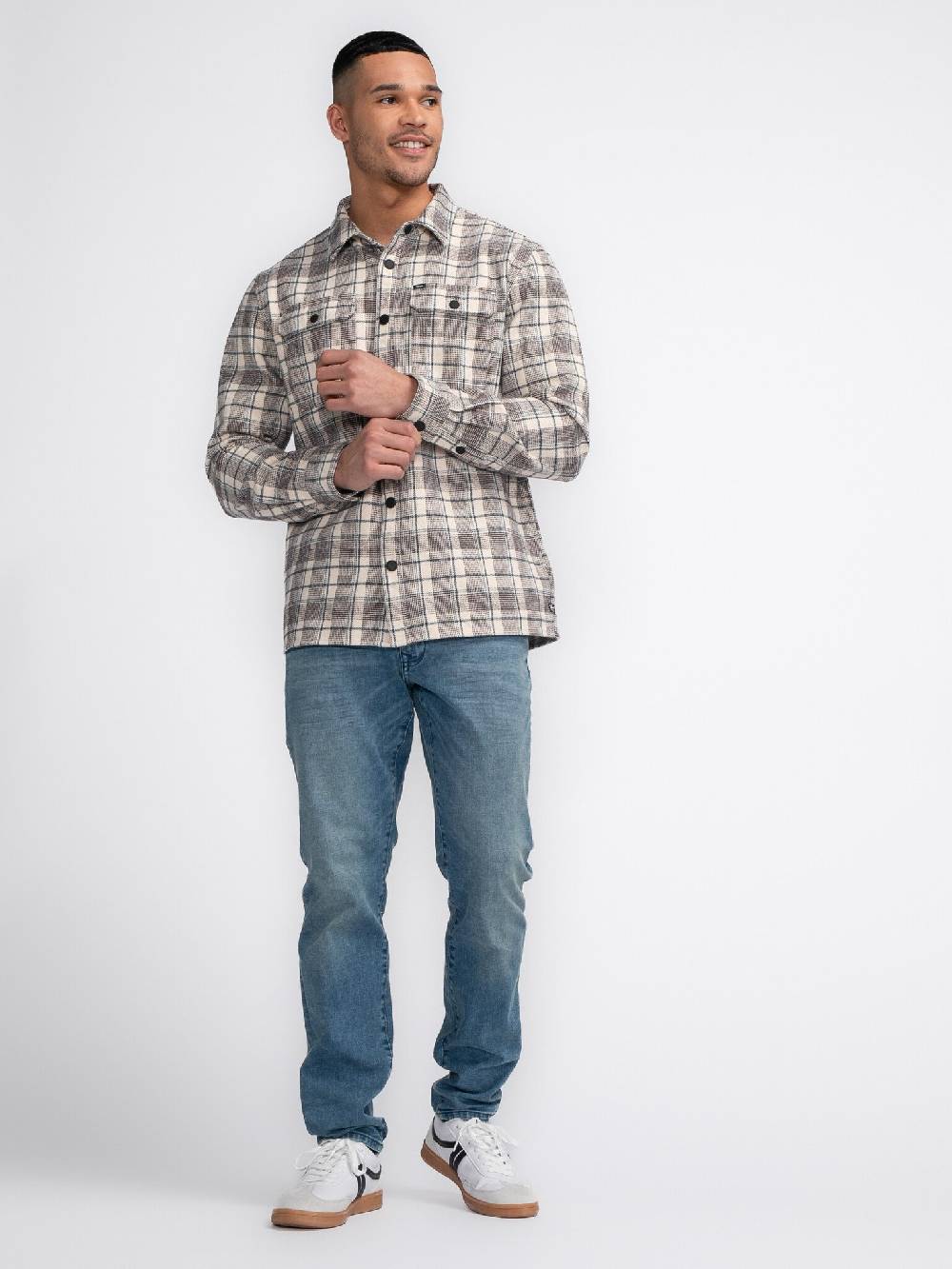 Petrol M-3040-SIL405 Men Shirt Long Sleeve Check (7137 Ecru) Neueste Mode