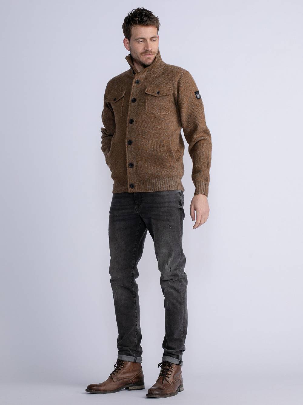 Petrol M-3030-Kwc218 - Men Knitwear Collar Cardigan (7060 Grey Truffle) Heißer Verkauf
