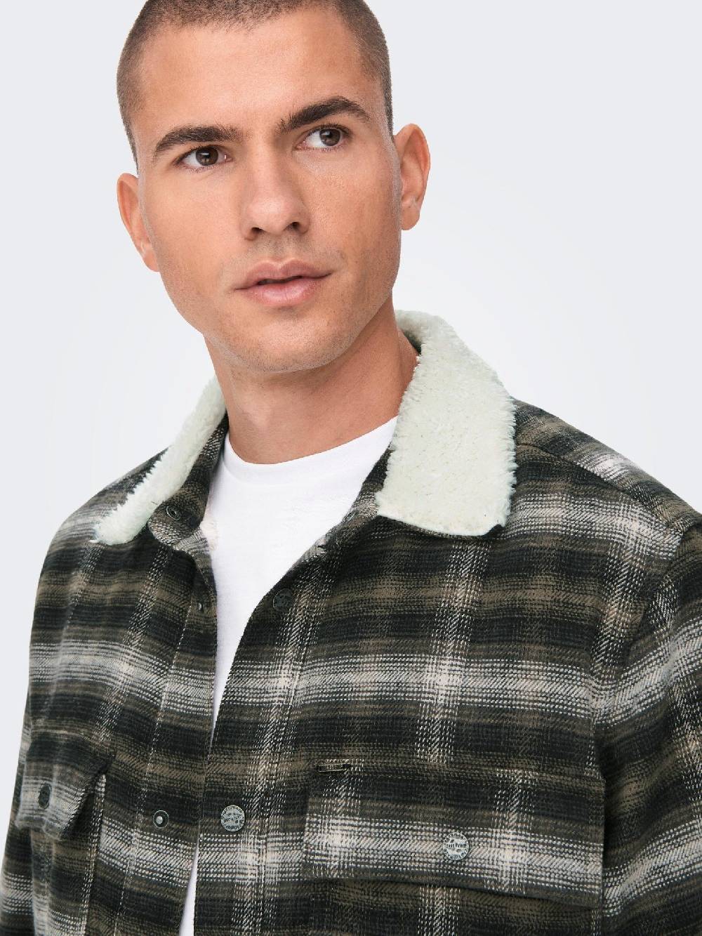 Only & Sons ONSBAZ OVR Teddy Check PKT Sjacket (192819 Canteen) im Angebot
