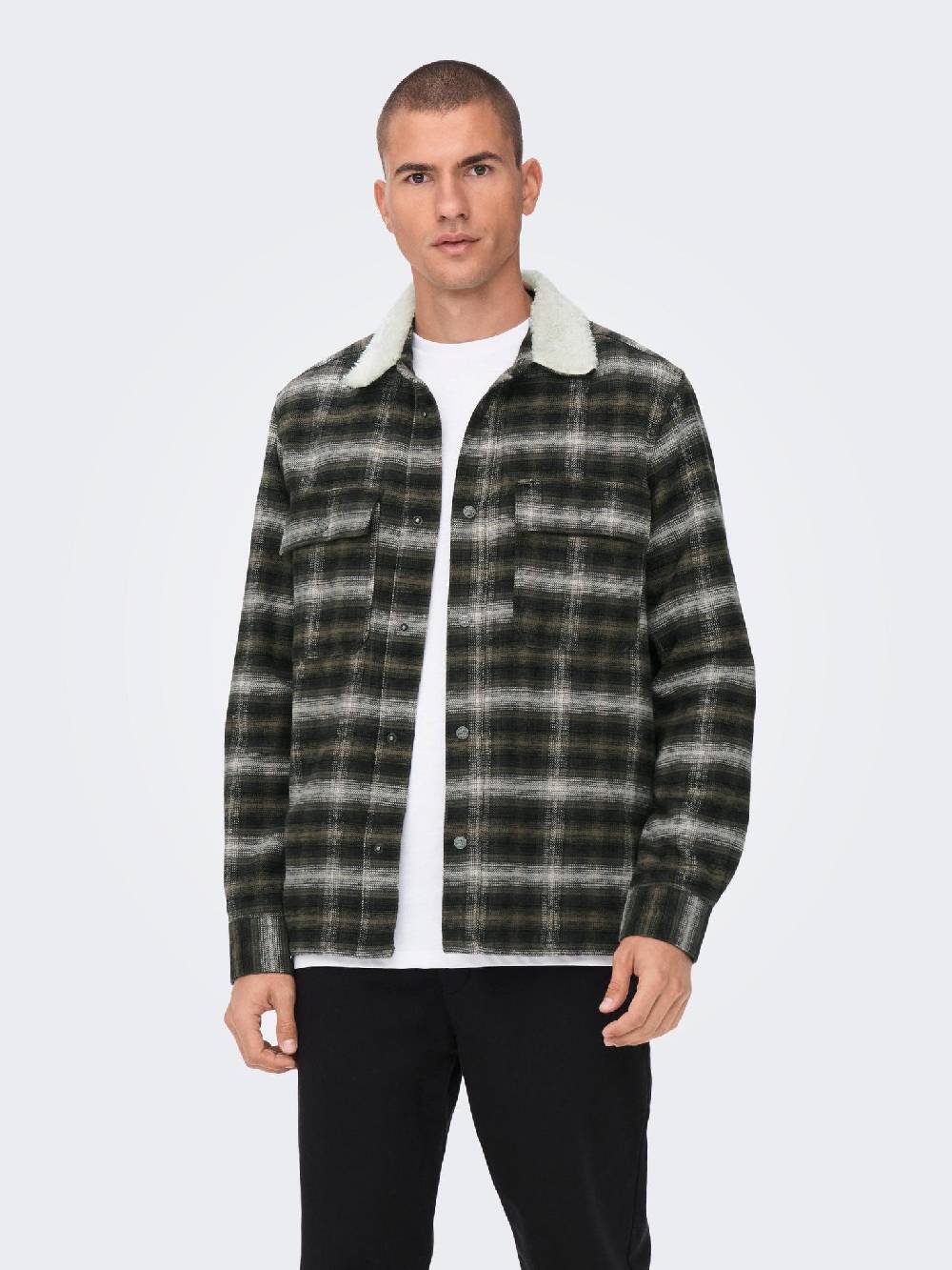 Only & Sons ONSBAZ OVR Teddy Check PKT Sjacket (192819 Canteen) im Angebot