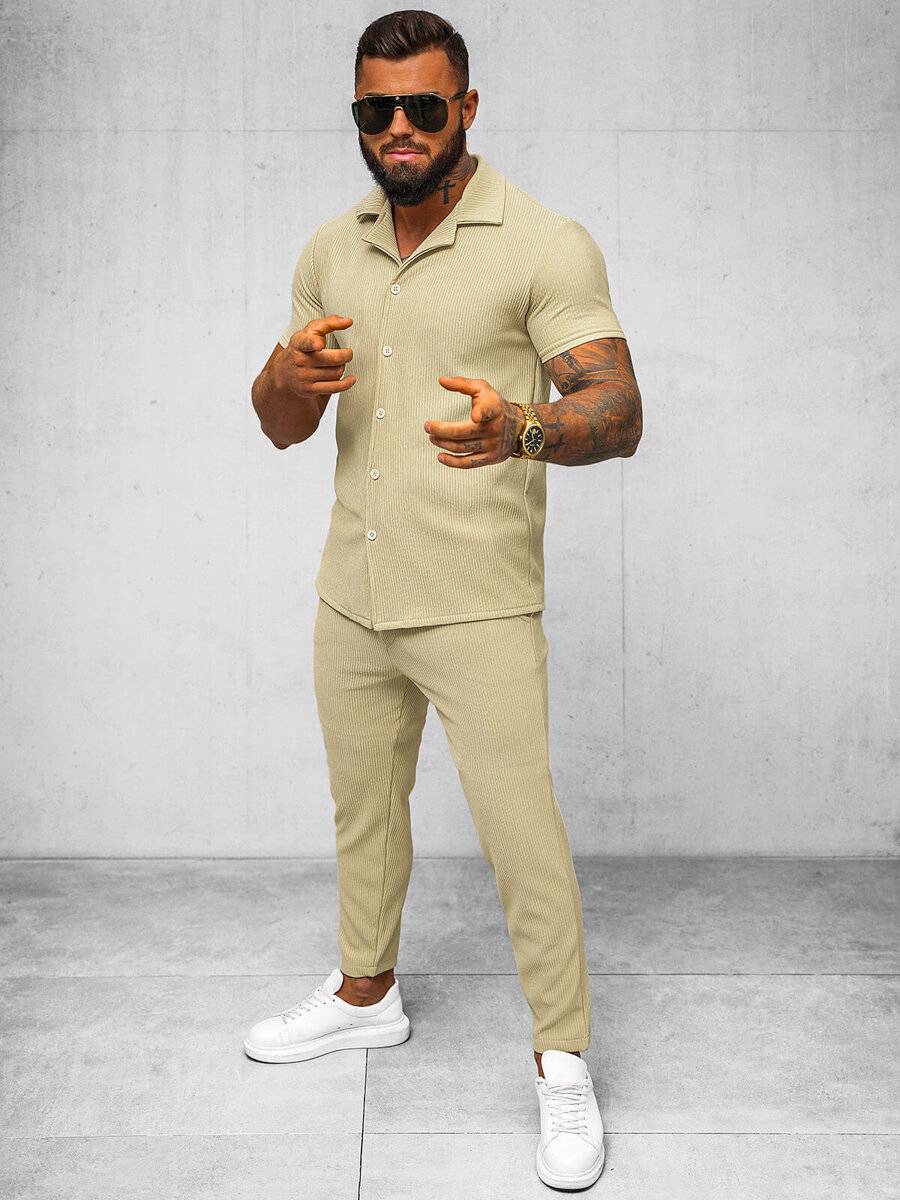 Ozonee Beige Herrenset – Hemd und Hose OZONEE O/Y963TSP Preisnachlass