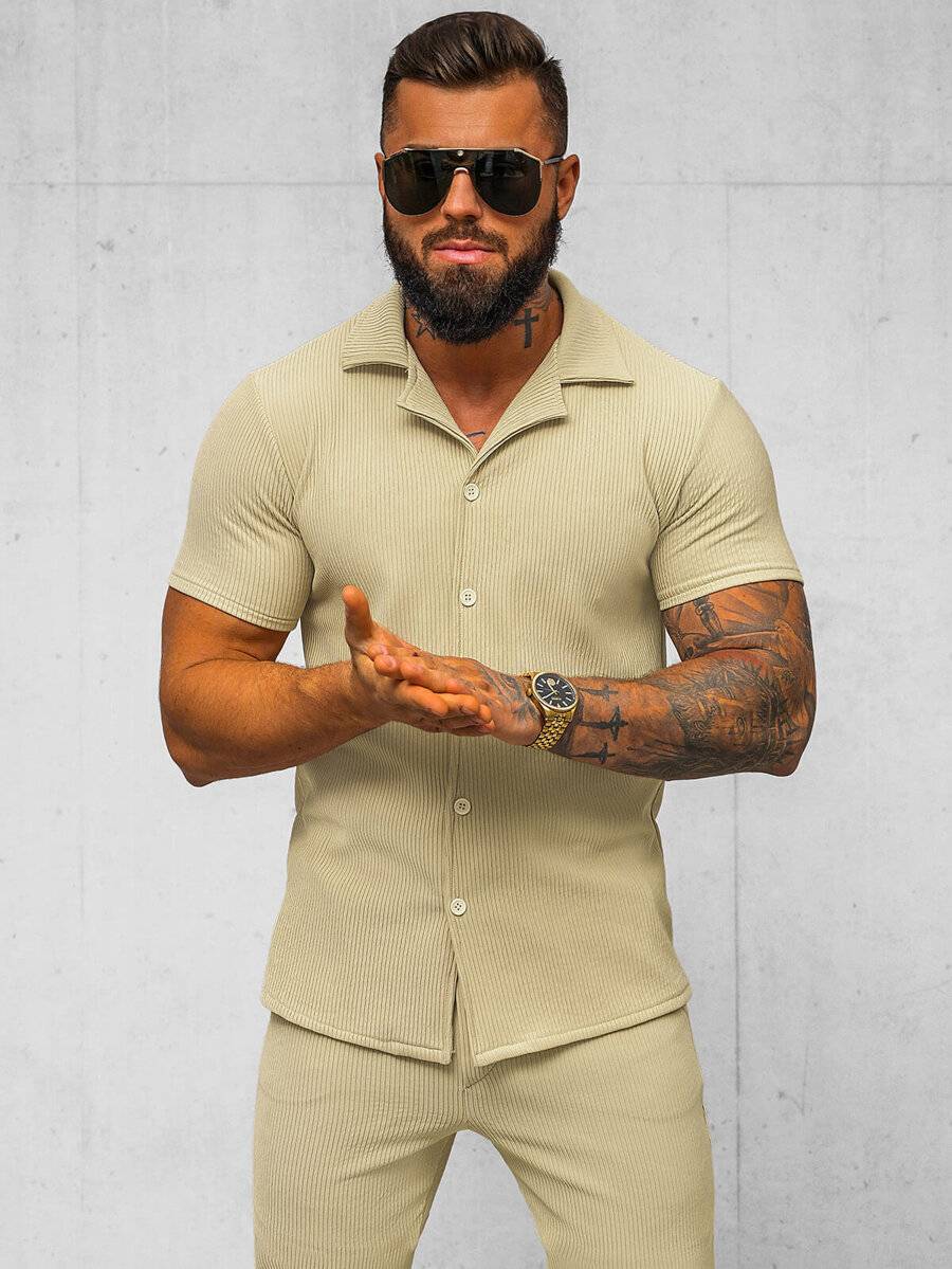 Ozonee Beige Herrenset – Hemd und Hose OZONEE O/Y963TSP Preisnachlass