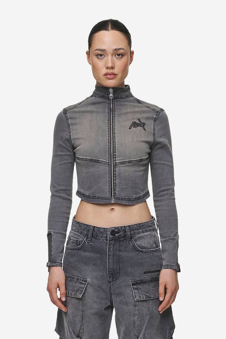Pegador Elly Denim Biker Jacket Washed Deep Grey Rabatte dieses Monats