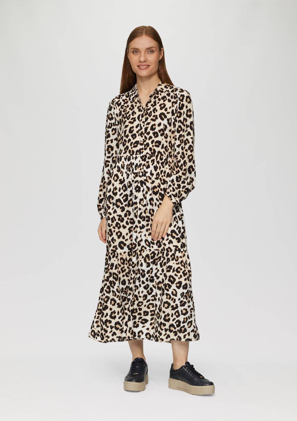 s.Oliver Langes Viskosekleid mit Leo-Muster und Volants Rabatt