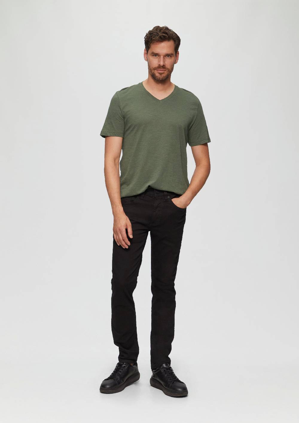 s.Oliver Baumwollshirt mit V-Ausschnitt und Flammgarnstruktur Discount Store für neue Produkte
