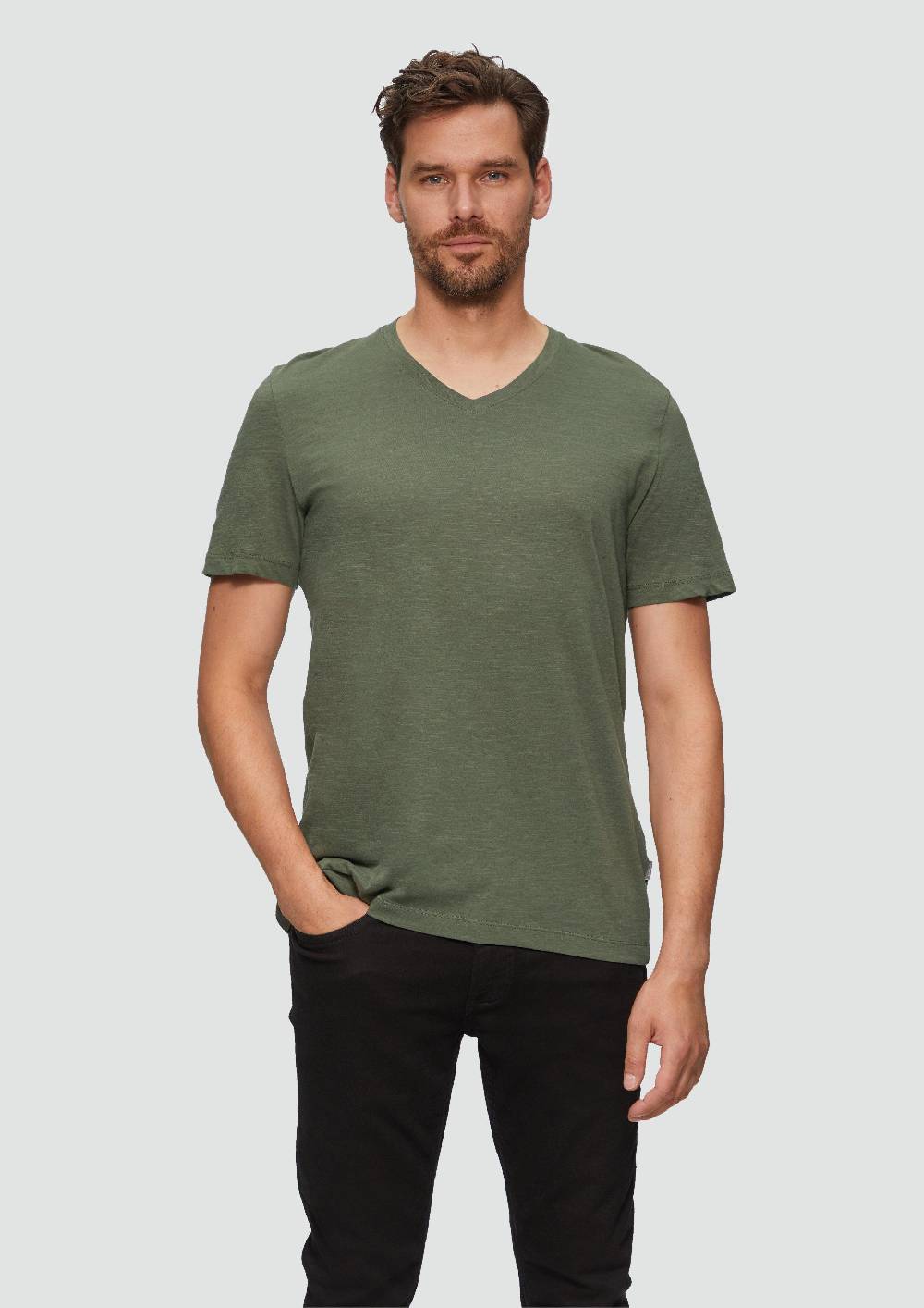 s.Oliver Baumwollshirt mit V-Ausschnitt und Flammgarnstruktur Discount Store für neue Produkte
